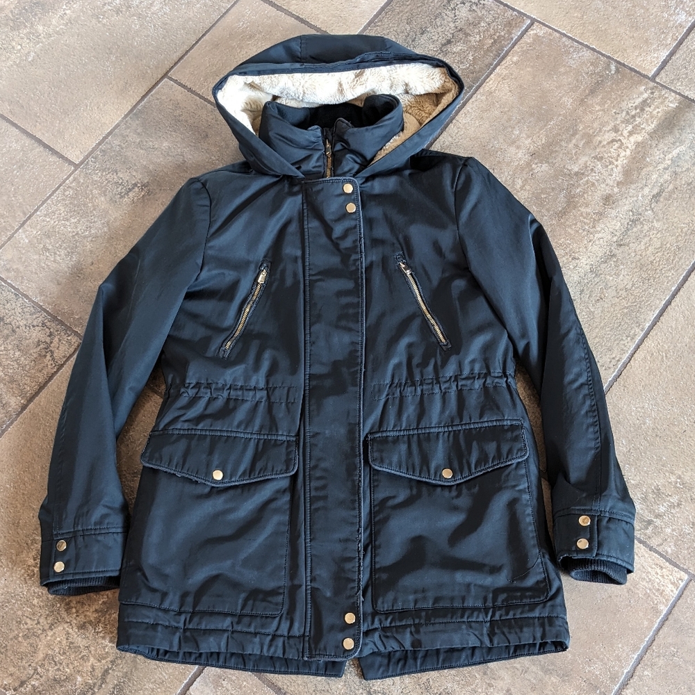 Zara Trafaluc Outerwear Parka Winter Fur Quilted Lined Jacket Black Size S
